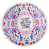 Sunshine Happy Floral Thick Terry Large Microfiber Round Beach Towel Beach Mat Roundie Tapestry With Fringe Tassels Words 150cm