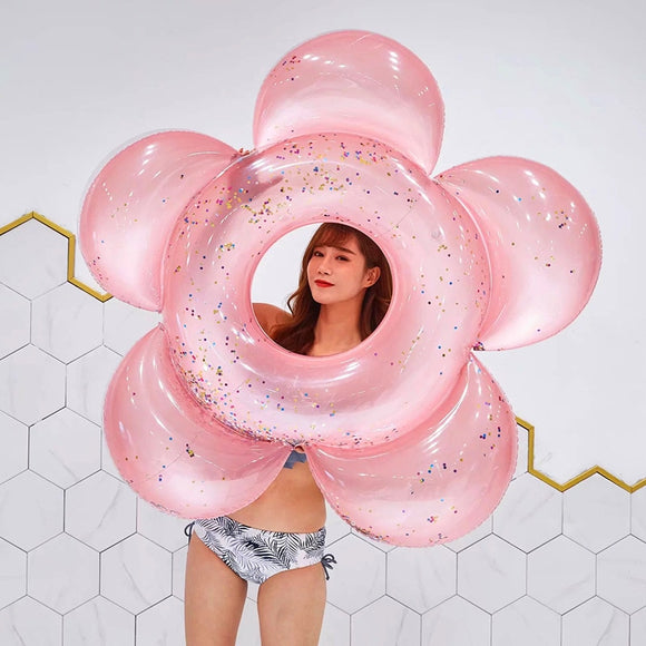 140cm Giant Sun Flower with Glitter Swimming Ring Gold Pink Sparkles Pool Float Inflatable Tube Summer Party Toys Air Mattress